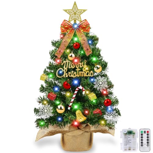 TURNMEON 2ft Tabletop Christmas Tree with Lights, Burlap Base, 24" Mini Xmas Tree