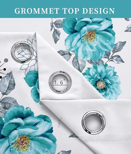Teal Floral Curtain Set with Grommets - 6 Pcs (2 Print + 4 Solid, 38"x84")