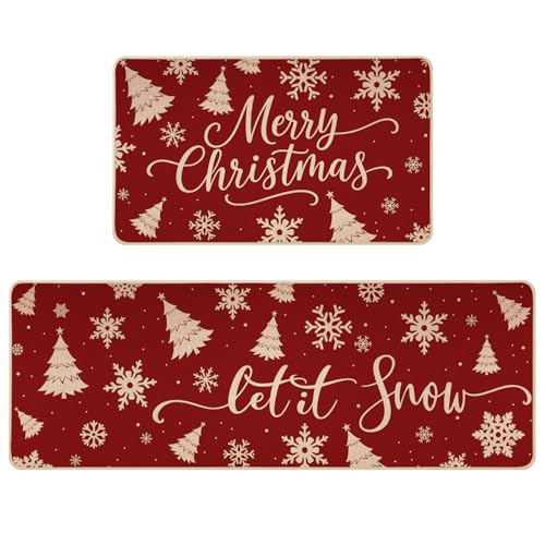Siilues Red Christmas Kitchen Mat Set of 2 Non-Slip Snowflake & Tree Rugs 17x29 & 17x47 Inches
