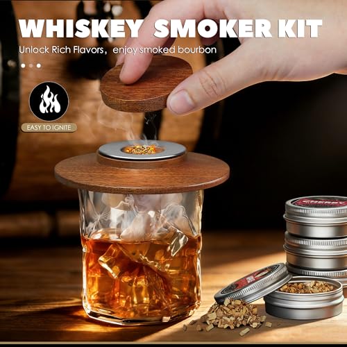 Whiskey Smoking Kit with Sapele Wood & Stainless Steel Filters - 4 Flavor Chips, Cocktail & Spirit Infuser