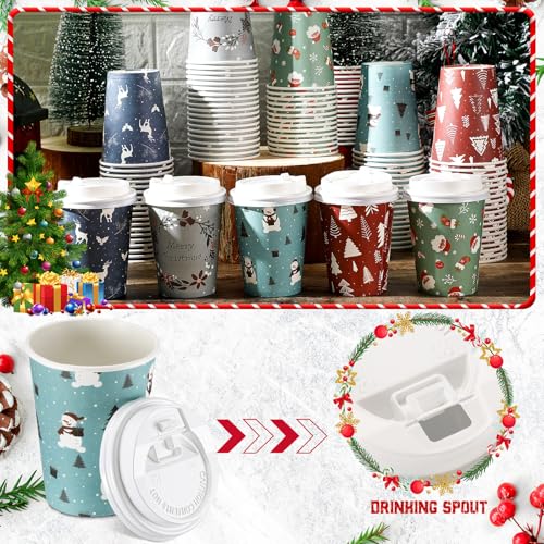 Zhehao Santa Claus Christmas Paper Coffee Cups 9 oz with Lids – 100 Pack