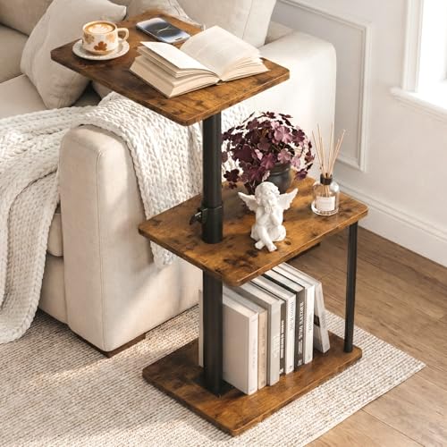 Height Adjustable C-Shaped Swivel End Table with Storage - Rustic Brown
