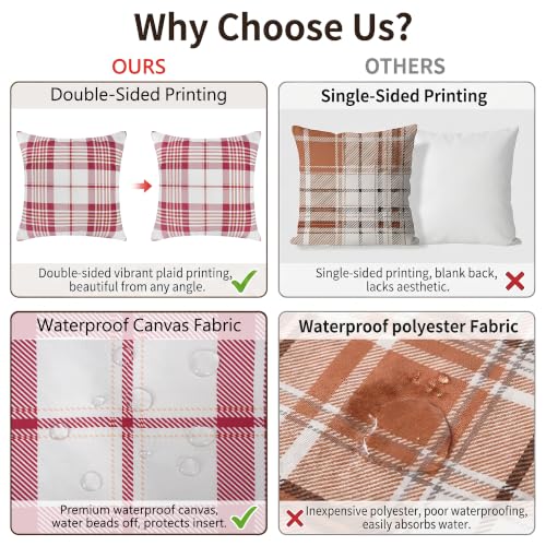 Outdoor Christmas Pillow Cover 20x20in Waterproof Plaid Red/White - Pack of 2, 100% Canvas