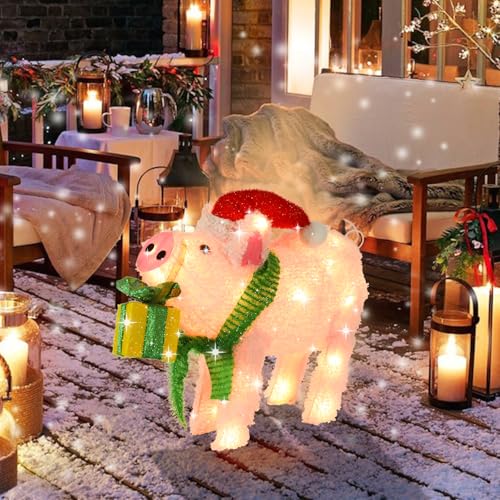 Lighted Christmas Pig Decoration with Santa Hat & Gift Box (Pink) - Battery-Powered