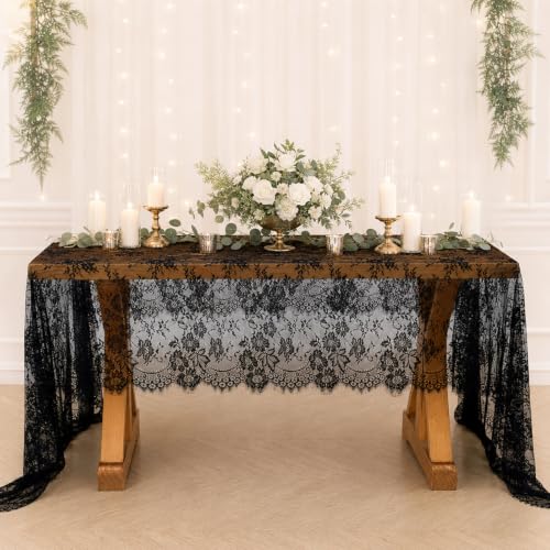 QueenDream Black Lace Tablecloth 10FT Rectangle Wedding Overlay 2 Pack - Floral Vintage Fabric for Events & Halloween