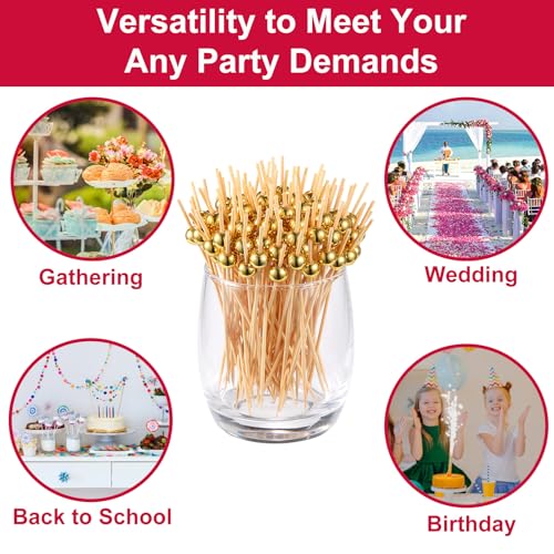200 Pcs Cocktail Picks - 4.7 Inch Bamboo Appetizer Skewers with Gold Ball