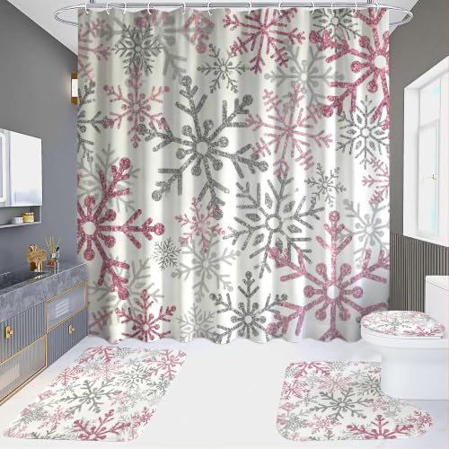 Yilinata Snowflake Pink Shower Curtain Set 4 Pcs Christmas Bathroom Decor