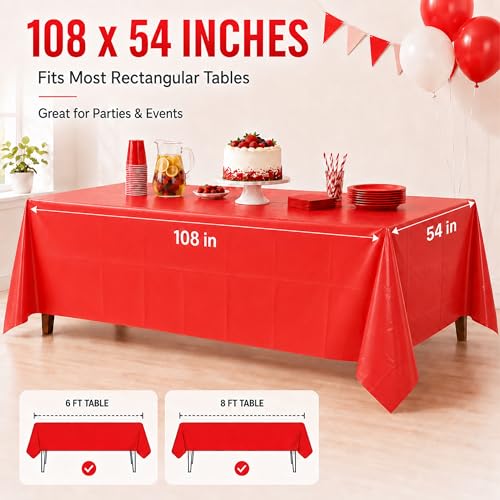 Red Disposable Tablecloths 54 x 108 in, 2 Pack Plastic Rectangular Covers for Parties