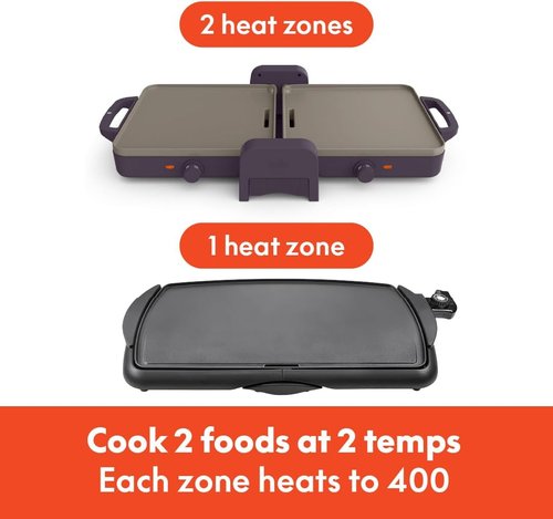 Bella Ceramic Fold-N-Store Dual Temp Griddle - Nonstick Coating, 2 Temperature Zones, 10"x20", Plum