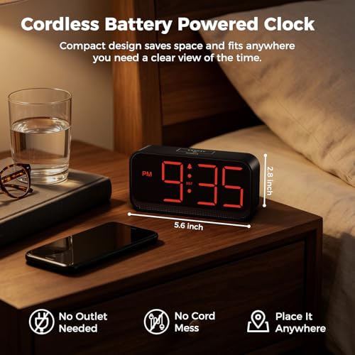 Battery Operated Digital Alarm Clock with Large Red Digits & Auto Dimming