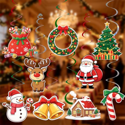 36PCS Christmas Hanging Swirl Decorations with Santa Reindeer Snowman & More