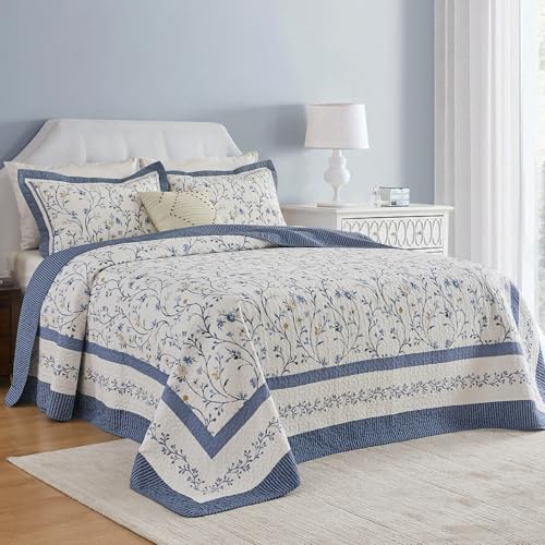 102"x120" Oversized Cotton Queen Quilt Set with 2 Shams - Reversible Floral & Stripe Design