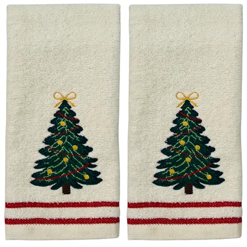 Christmas Tree Embroidered Fingertip Towels - Set of 2 Cotton Hand Towels