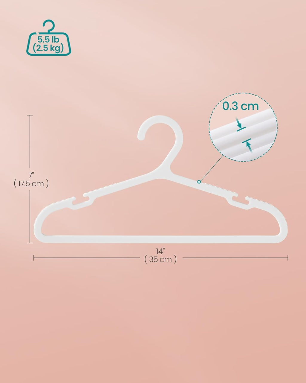 SONGMICS Kids Hangers - 100 Pack Plastic Baby Hangers for Closet | Non-Slip, Space-Saving, Cloud White, 14 x 7 Inches