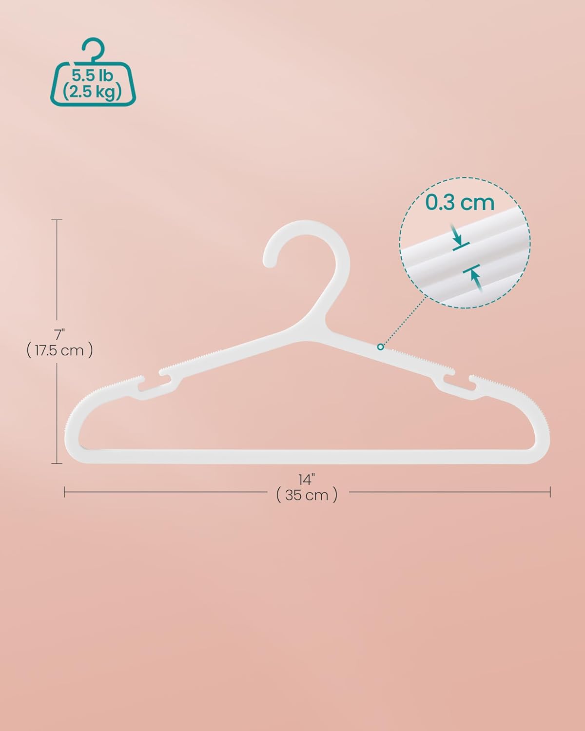 SONGMICS Kids Hangers - 100 Pack Plastic Baby Hangers for Closet | Non-Slip, Space-Saving, Cloud White, 14 x 7 Inches