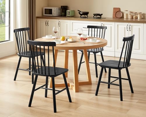 Windsor Dining Chairs Set of 6, Solid Wood Spindle Back Kitchen Chairs, Black