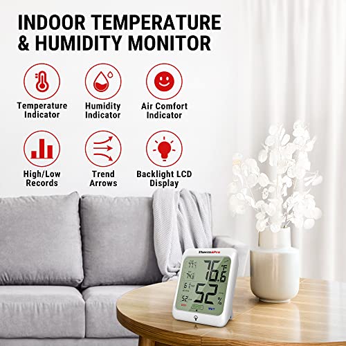 ThermoPro TP53 2 Pack Digital Hygrometer Indoor Thermometer for Home, Temperature Humidity Sensor with Comfort Indicator & Max Min Records, Room Thermometer Humidity Meter with Backlight Display
