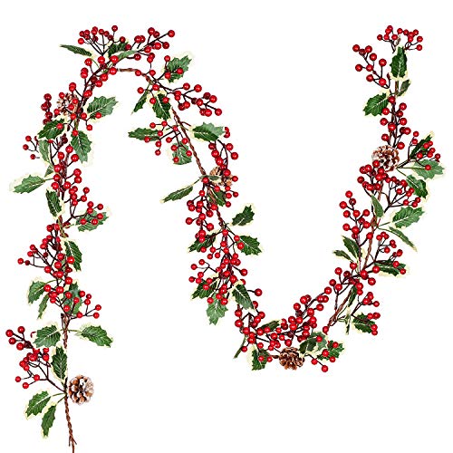 7FT Red Berry & Pine Cone Christmas Garland for Indoor Outdoor Holiday Decor
