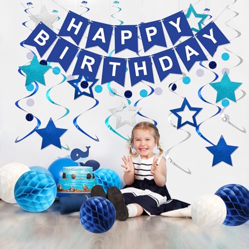 Blue Happy Birthday Party Decorations Set with Banner and Honeycomb Balls