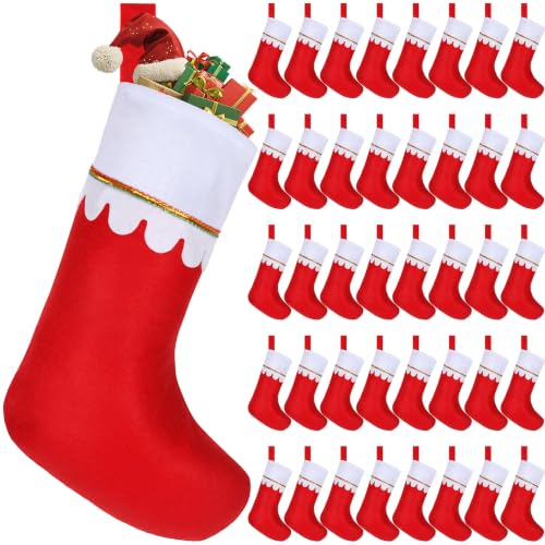Amazing Time 40 Pcs Christmas Stockings Bulk Red with White Cuff and Gold Trim