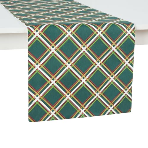 kate spade new york Holiday Confetti & Acrobat Plaid Reversible Holiday Table Runner, 100% Cotton with Metallic Print, Machine Washable, Cream/Green, 15"x72"