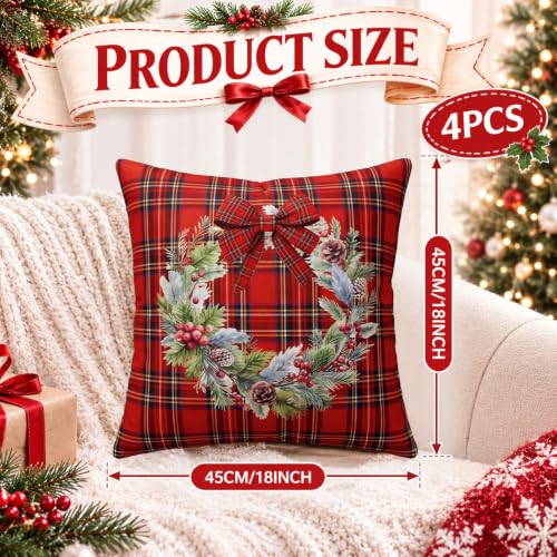 Tingjoo 18x18 Inch Christmas Pillow Covers Set - Tartan Plaid & Chinoiserie Holiday Cushions