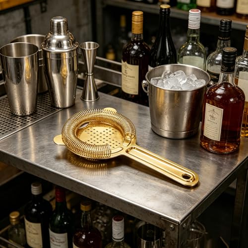 Homestia Hawthorne Cocktail Strainer Gold - 2-Prong Bar Tool for Shaken Drinks