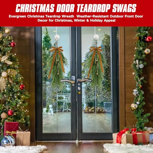 27-Inch Artificial Norfolk Pine Christmas Teardrop Swag with Velvet Bows & Bells