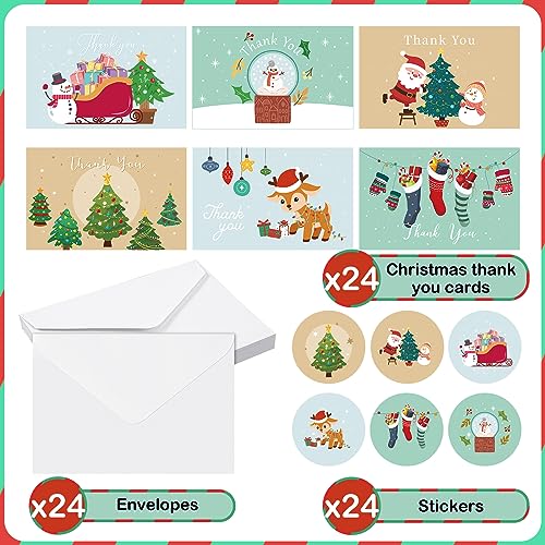 Novelty Christmas Thank You Cards Set with Envelopes & Stickers - 24pcs
