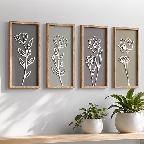 3D Floral Framed Wall Art Set, 4-Piece Wooden Botanical Boho Decor