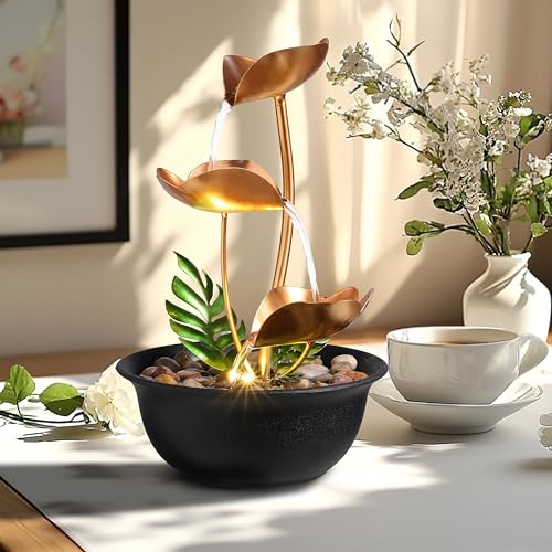 3-Tier Metal Tabletop Water Fountain with LED Light, 11-Inch Zen Decor