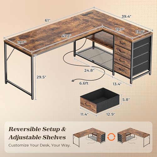 61-Inch L-Shaped Corner Desk with Power Outlets, 4 Drawers and Storage Shelves