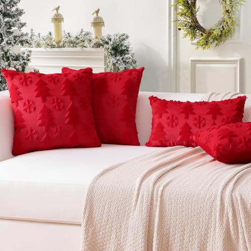 OTOSTAR 2-Pack Xmas Plush Wool Velvet Throw Pillow Covers 28x28 in Red Tree & Snowflake