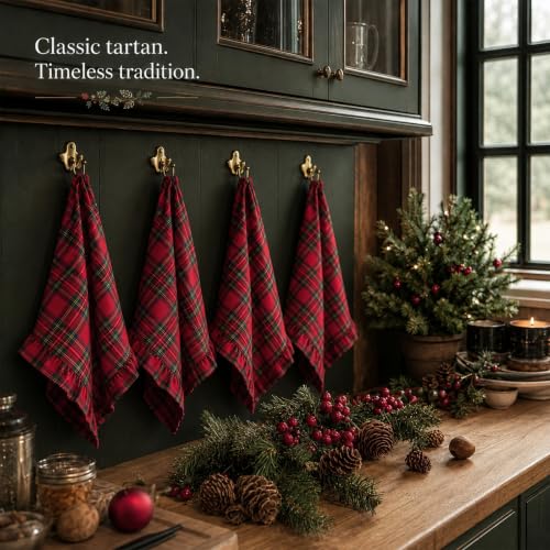 Red Plaid 4-Piece Christmas Kitchen Towels with Ruffles - 18x30 inches