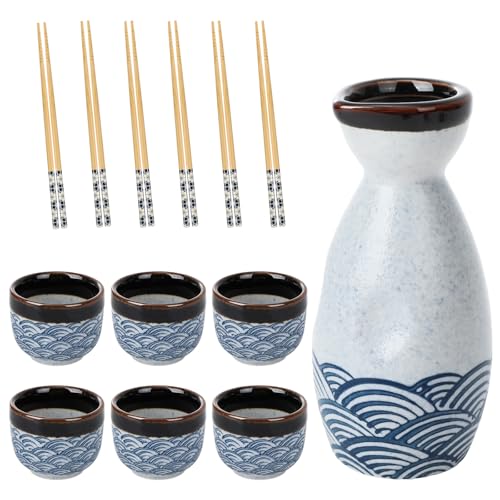 Japanese Porcelain Sake Set with 1 Bottle, 6 Cups & 6 Chopsticks - Blue Wave Pattern