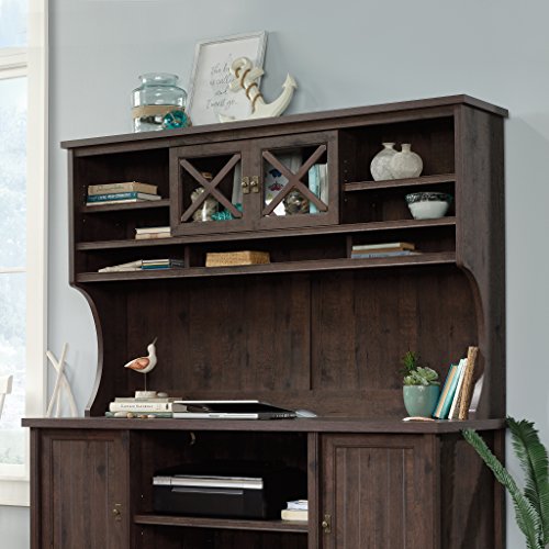 Large Office Hutch with Glass Doors and Adjustable Shelves - Coffee Oak