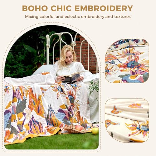Boho 100% Cotton Throw Blanket 60"x80" - Reversible Floral Jacquard