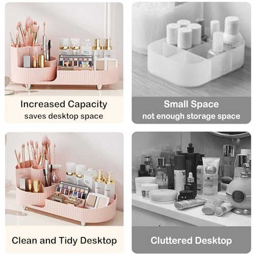 Pink Rotating Vanity Organizer with Brush Holder - Large Spinning Makeup & Skincare Storage, COMFYROOM