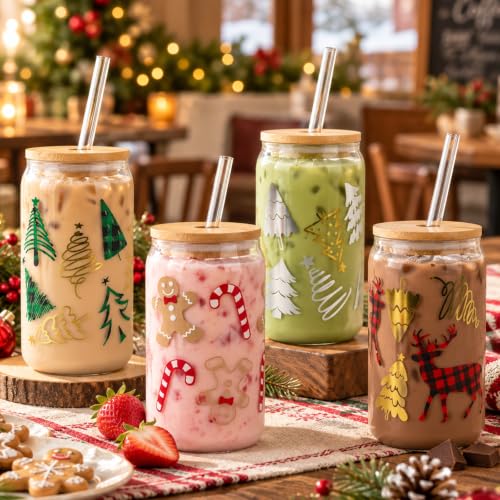 Xmas Colorful Red 18oz Christmas Coffee Cups with Lids & Straws - ANOTION