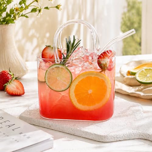 Handbag Shaped Glass Cup with Straw - 26oz Trendy Drinking Glass