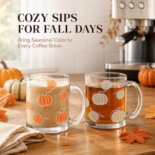 Pumpkin Glass Coffee Mug Set of 4 - 12oz Fall Thanksgiving Decor
