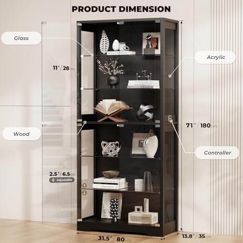71" Tall Glass Display Cabinet with 3-Color LED Lights & Motion Sensor