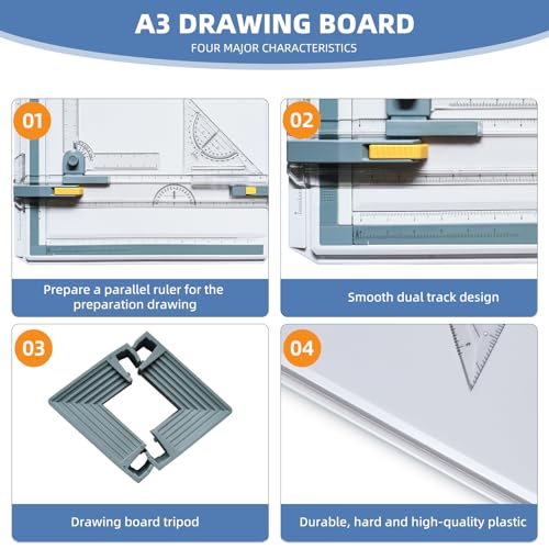 A3 Drafting Board with Parallel Motion Ruler and Adjustable Angle Stand