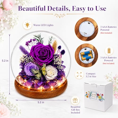 Preserved Rose in Glass Dome with LED Lights - Eternal Flower Gift