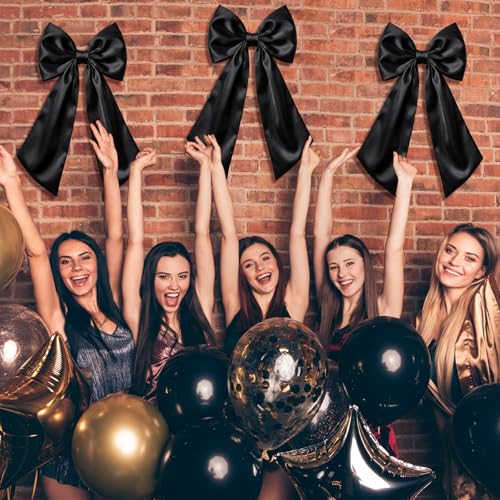 3-Pack Large Black Satin Bows - 24x12 Inch Hanging Decor for Wall & Fireplace