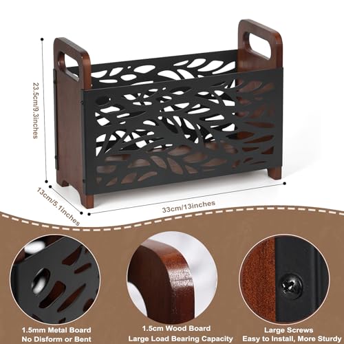 Rustic Wood and Metal Magazine Rack - Farmhouse Style Storage Basket