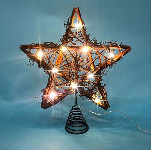 Natural Rattan Christmas Tree Topper Star with 10 Warm LED Lights, 10 Inch