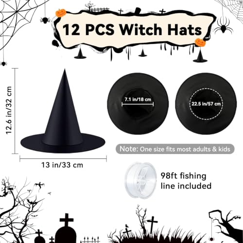 12 Pcs Hanging Witch Hats Set with 98ft Rope for Halloween Party Decor