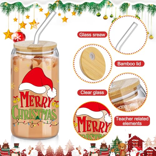 SiliFine Christmas Glass Cups with Lid & Straw - Santa Design, 16 oz, 6 Pack