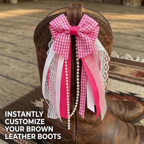 Pink Plaid Cowboy Boot Charms - Layered Ribbon Bow Boot Decor (2 Pcs)